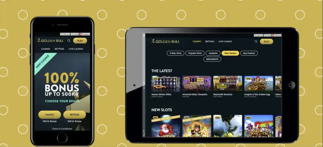 Interfaz móvil y tablet de Golden Bull con bono del 100% y nuevos slots destacados