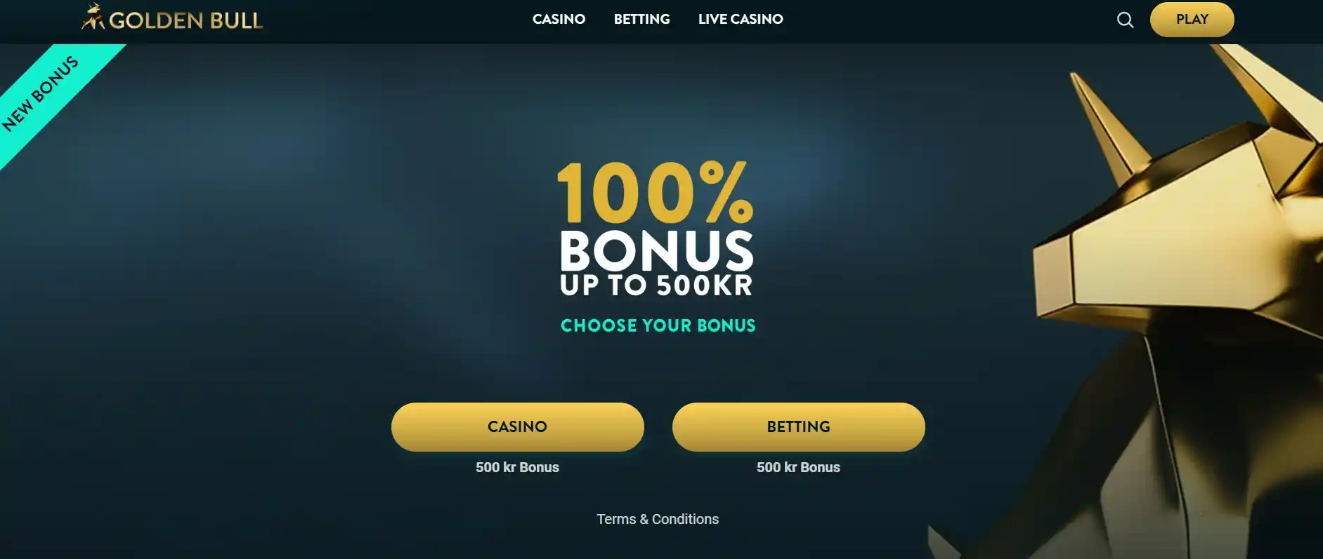 Bonificación del 100% hasta 500 kr en casino o apuestas en Golden Bull