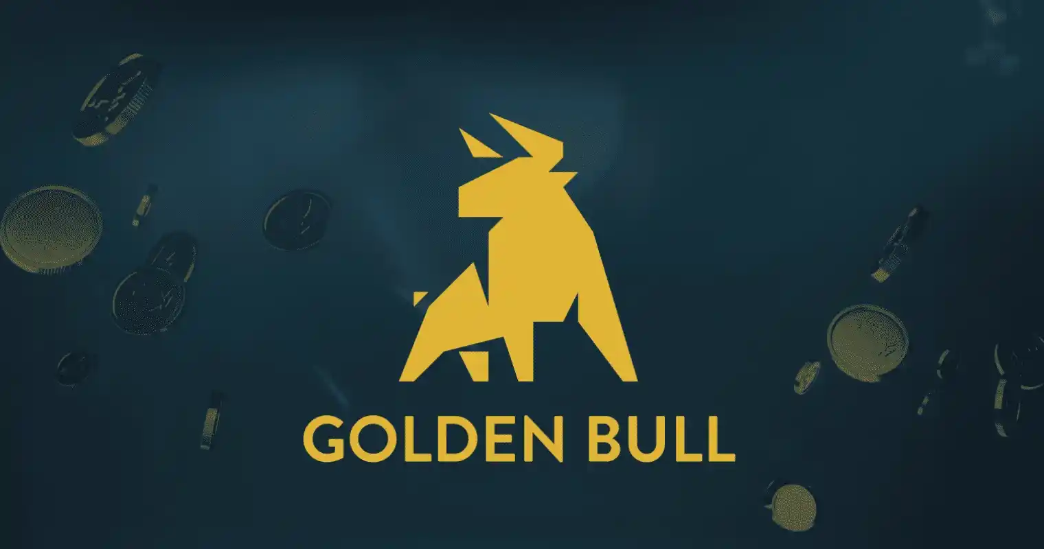 Logotipo dorado de Golden Bull sobre fondo oscuro con monedas flotantes.