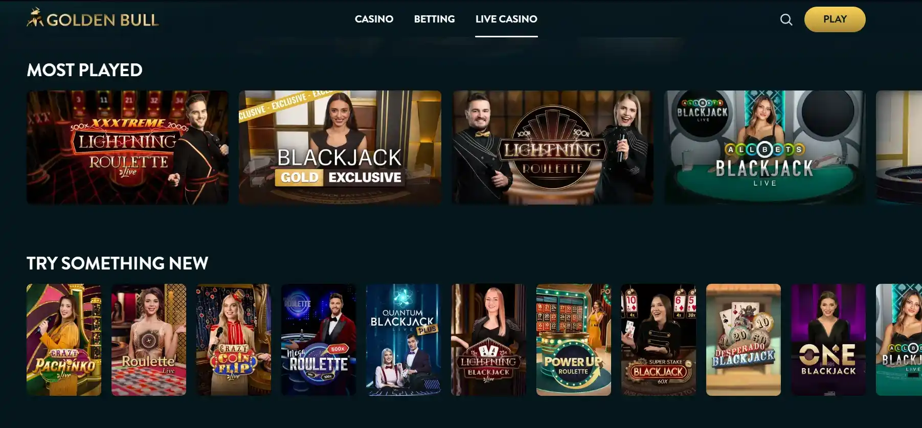 Juegos de casino en vivo más jugados en Golden Bull, como Blackjack y Lightning Roulette.